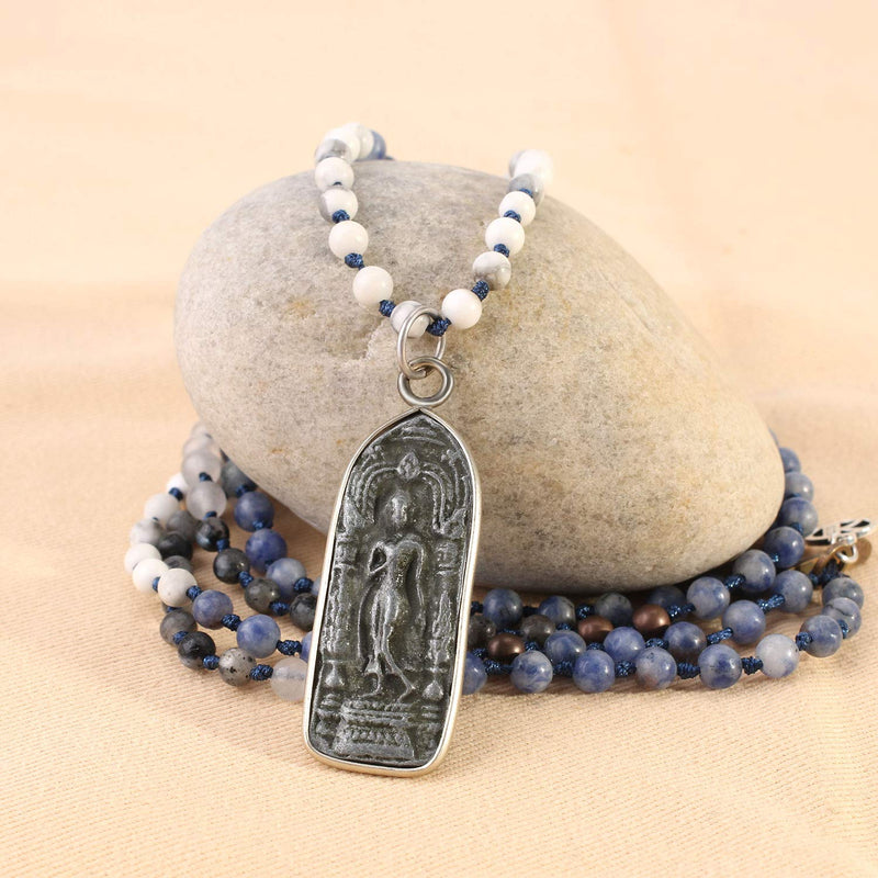 [Australia] - KELITCH Yoga Buddha Pendant Necklaces Y-Shaped Natural Stone Beaded Necklaces Statement Bracelets Mala Jewelry Blue C 