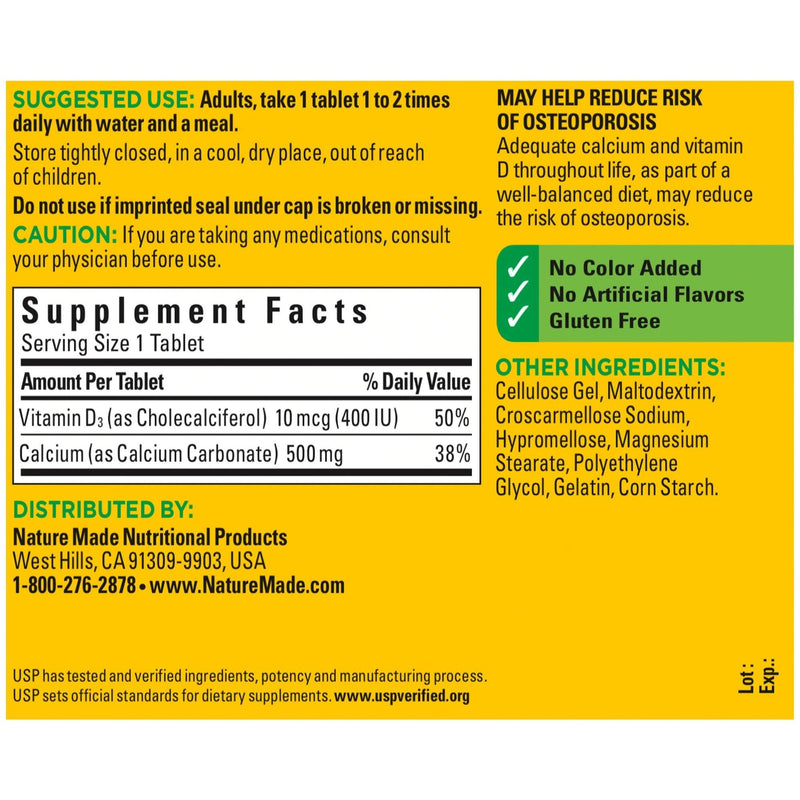 [Australia] - Nature Made Calcium 500 mg, with Vitamin D3 for Immune Support, Tablets, 130 Count 