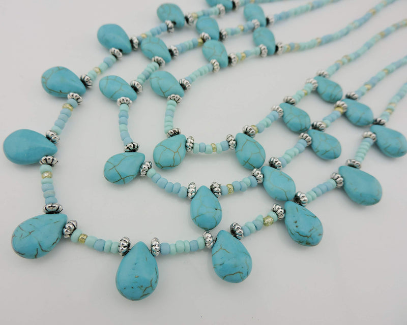 [Australia] - COIRIS Statement Simulated Turquoise Beads 3 Strand Necklace Set for Women with Earrings (N0043) N0043 