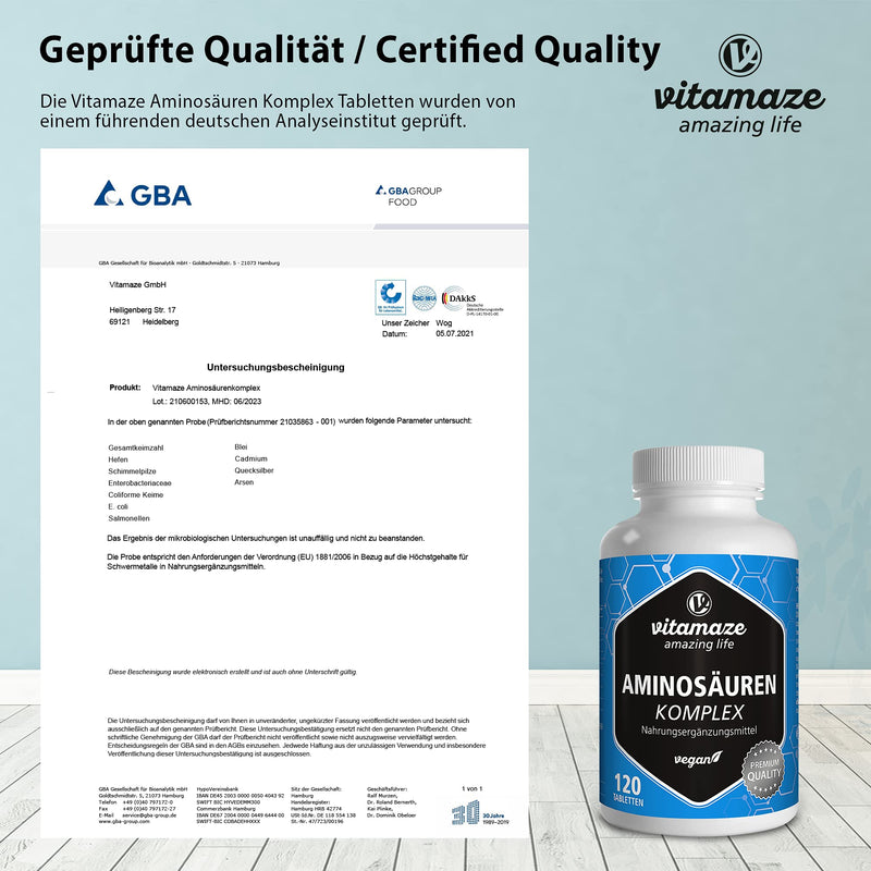 [Australia] - Amino Acid Complex high Dosage & Vegan, 120 Tablets with 8 Essential Amino acids, Natural Food Supplement Without additives 