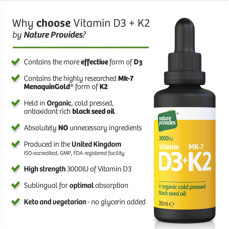 [Australia] - Vitamin D3 & K2 (MK-7) in Organic Black Seed Oil (30ml) High Strength Liquid (3,000IU). MK-7 is 100% Trans. Immune Support Sublingual Drops (Made in The UK) 
