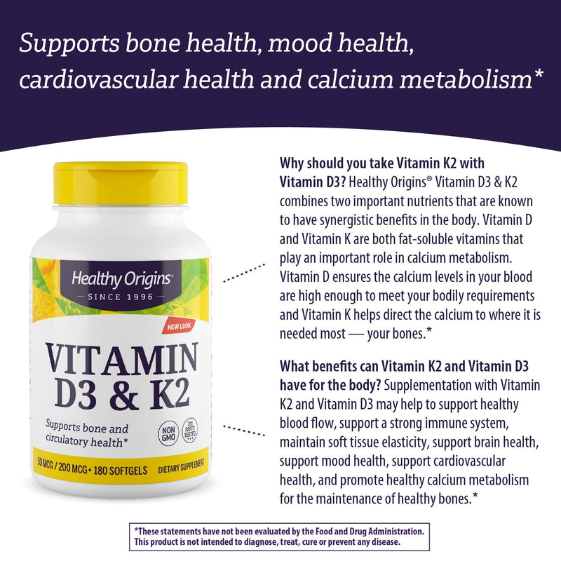 [Australia] - Healthy Origins Vitamin D3 & K2, 50 Mcg (2, 000 IU)/K2 200 Mcg, Softgels, 180 Count (Pack of 1) 180 Count (Pack of 1) 
