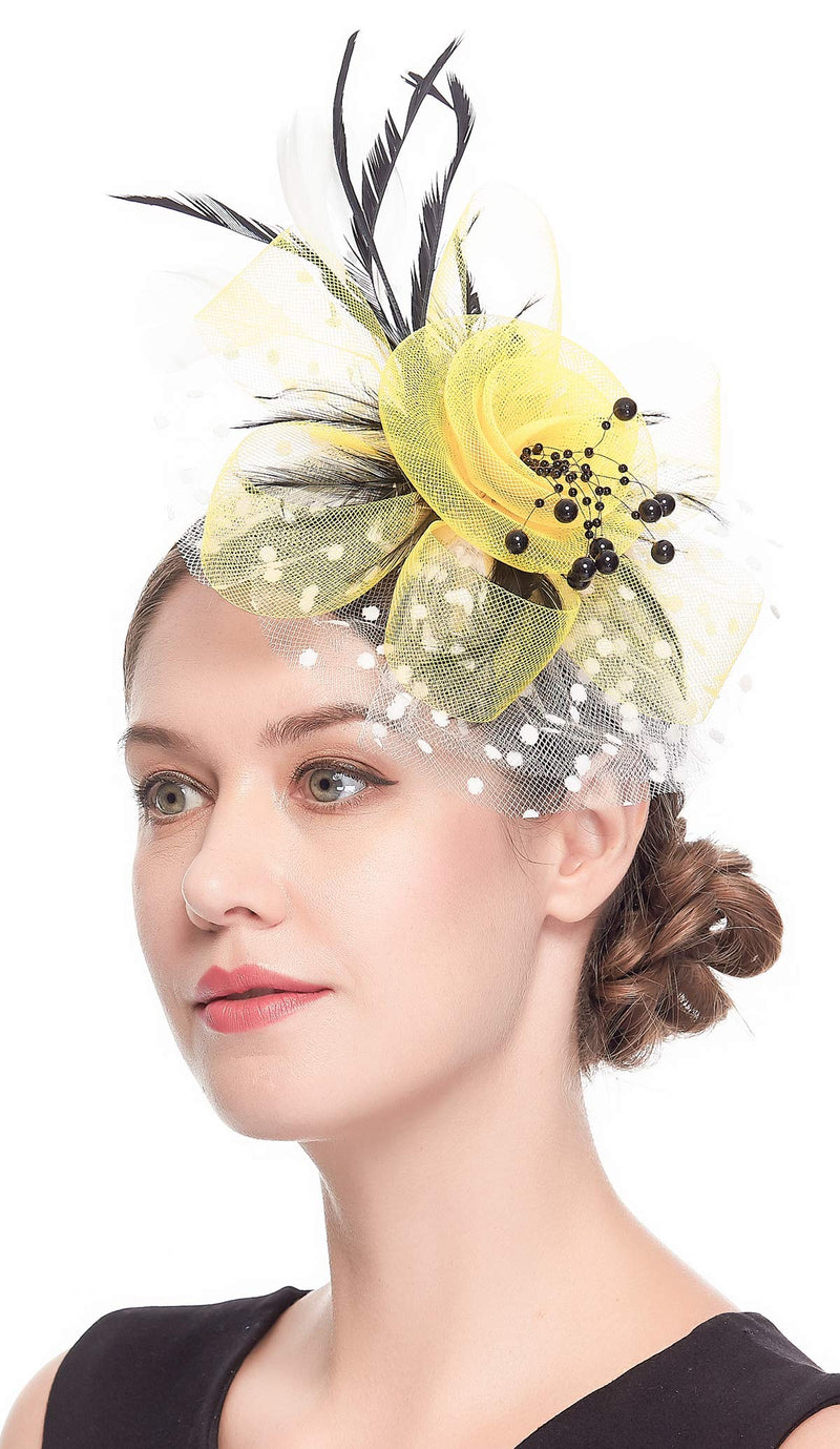 [Australia] - Fascinators for Women Tea Party Headband Kentucky Derby Wedding Cocktail Flower Mesh Feathers Hair Clip Yellow&black 