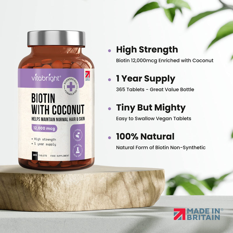 [Australia] - Biotin for Hair Growth, Skin and Nails - 12,000mcg High Strength - 365 Tablets (1 Year Supply) - Enriched with Coconut Oil Powder - Natural D-Biotin (Biologically Active) - Made in UK by VitaBright 