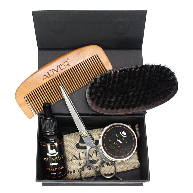 [Australia] - Beard Trimming Kit, 5 PCs Men Mustache Grooming Set - Organic Beard Oil(30ml)+Mustache Balm(30g) +Beard Brush+Beard Comb+ Professional Mustache Scissors for Styling Shaping & Growth 