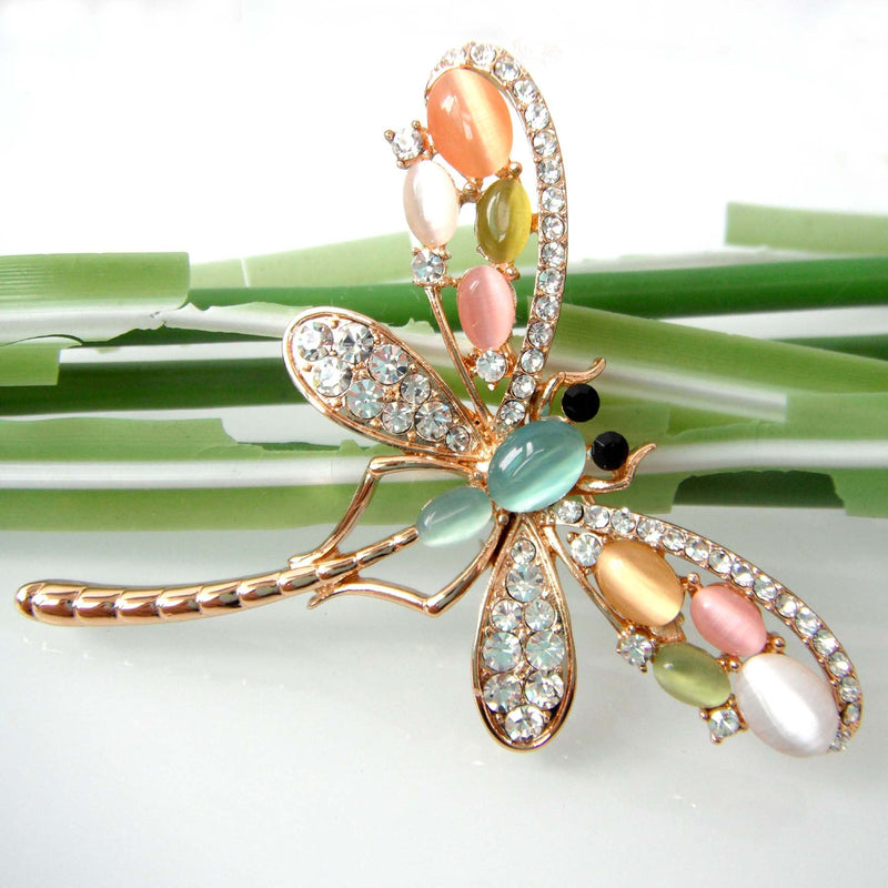[Australia] - Navachi 18k Gold Plated Multicolor Opal Crystal Dragonfly Wings Brooch Pins 