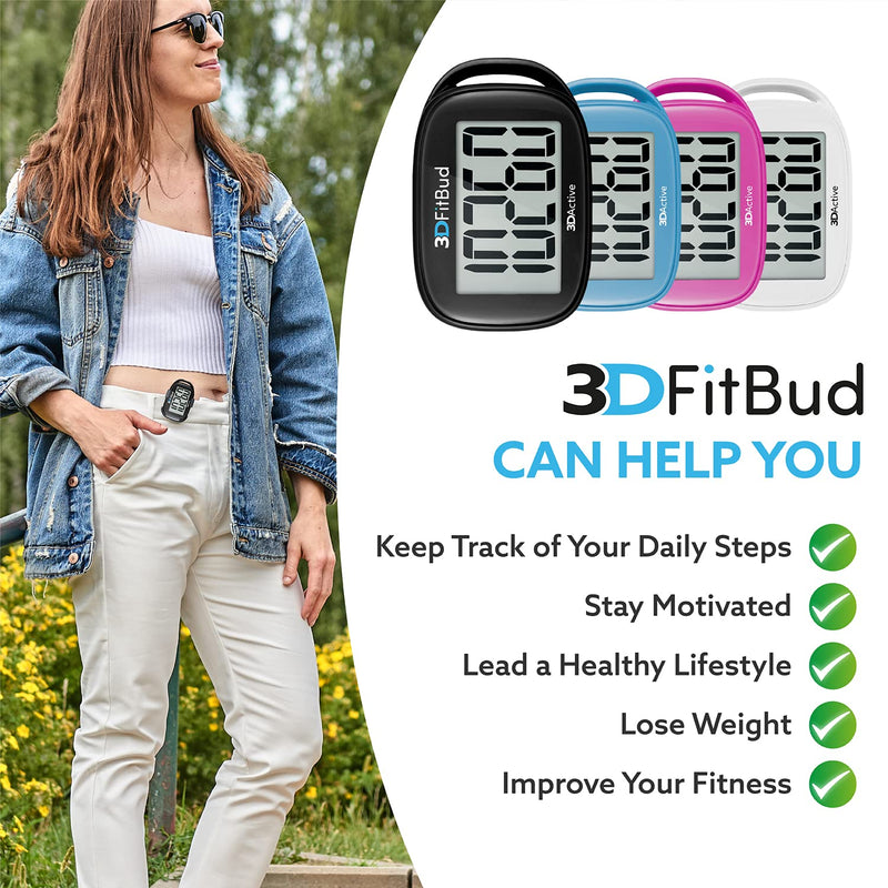 [Australia] - 3DFitBud Simple Step Counter Walking 3D Pedometer with Clip and Lanyard, A420S Black 