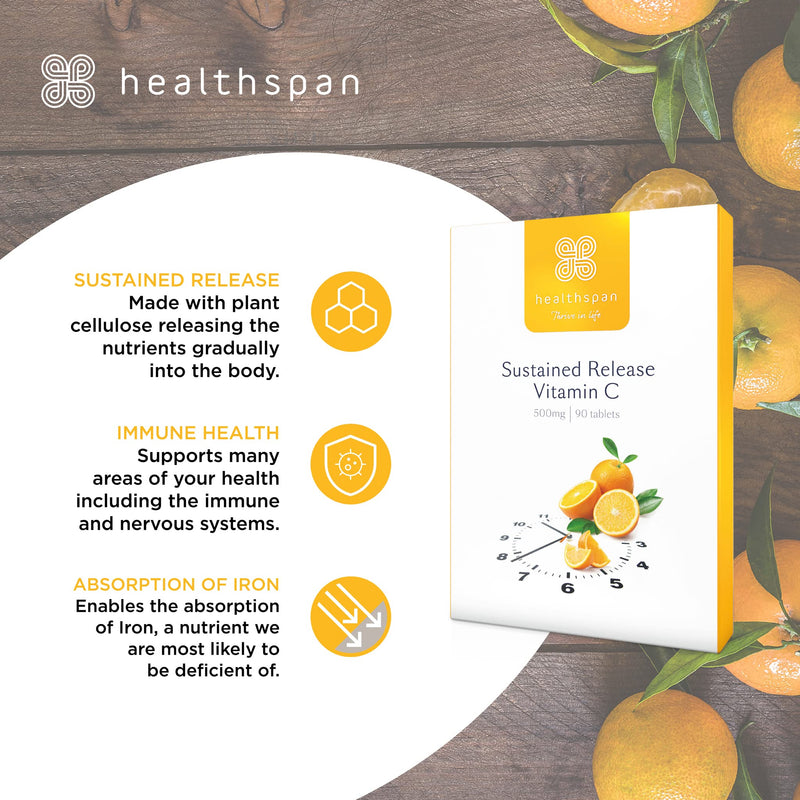 [Australia] - Healthspan Vitamin C Sustained Release 500mg (3 Months' Supply) | to Support Your Immune and Nervous Systems | Added zinc to Support Cognitive Function | Vegan 