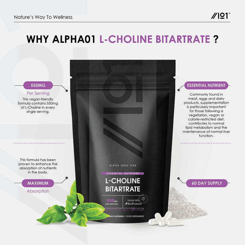[Australia] - Choline Bitrate 550mg with BioPerine® | Supports Liver Health - Potent Essential Nutrient | Non-GMO, Gluten Free | 120 Vegan Capsules 