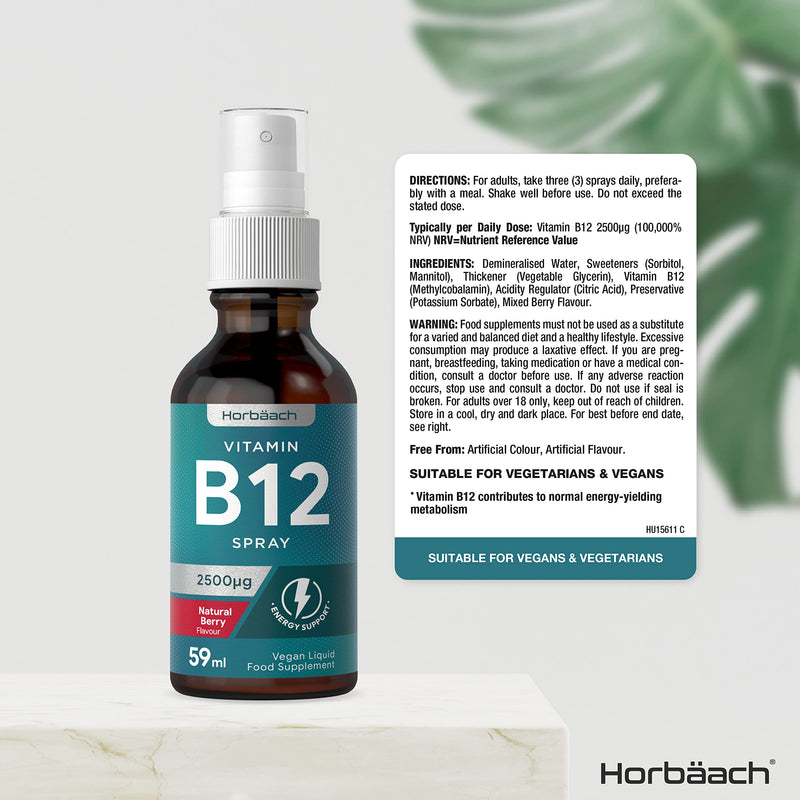 [Australia] - Vitamin B12 Spray 2500mcg | 59ml | High Strength Supplement | Natural Berry Flavour Liquid | Energy Support | Suitable for Vegans & Vegetarians | by Horbaach 