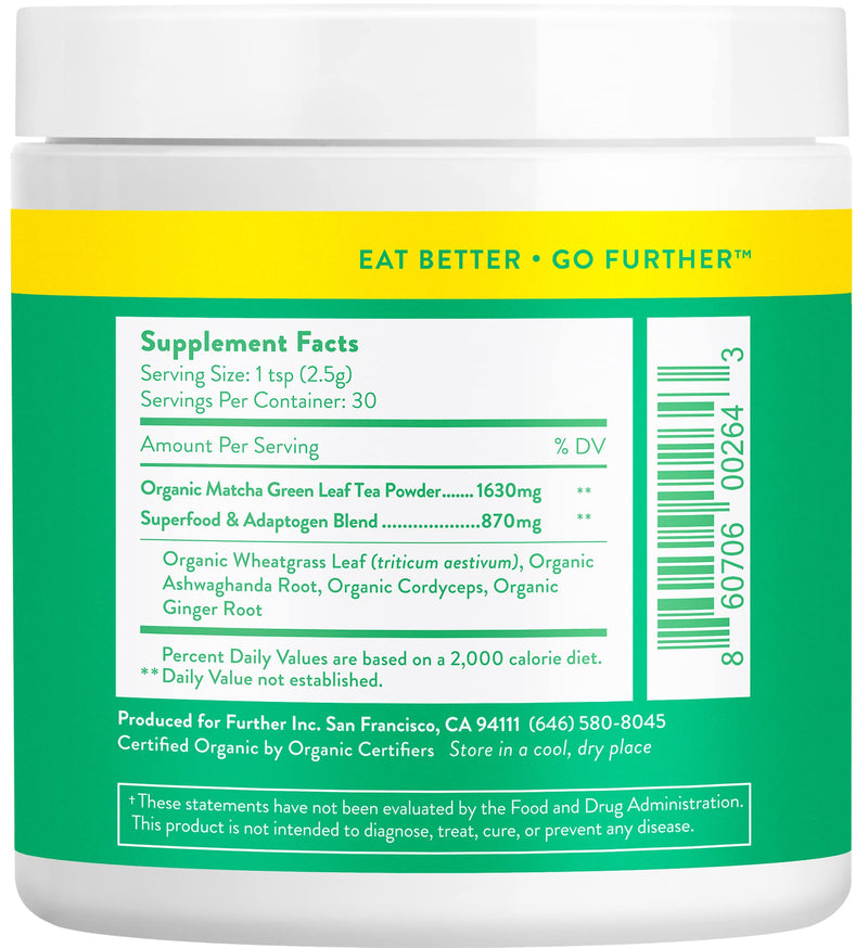 [Australia] - Further Food Premium Matcha Green Tea Powder USDA Organic Japanese Matcha Powder, Natural Energy + Focus + Boost Immune System, Antioxidant Plant-Based Detox Superfood (30 Servings) 