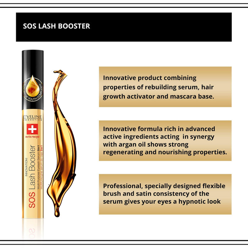 [Australia] - Eveline Cosmetics SOS Lash Booster Eyelash Serum 5in1 | 10 ML | Eyelash Growth Serum | Double Volume Lash Booster | Strengthening and Thickening Conditioner | Argan Oil | Dermatologically Tested 