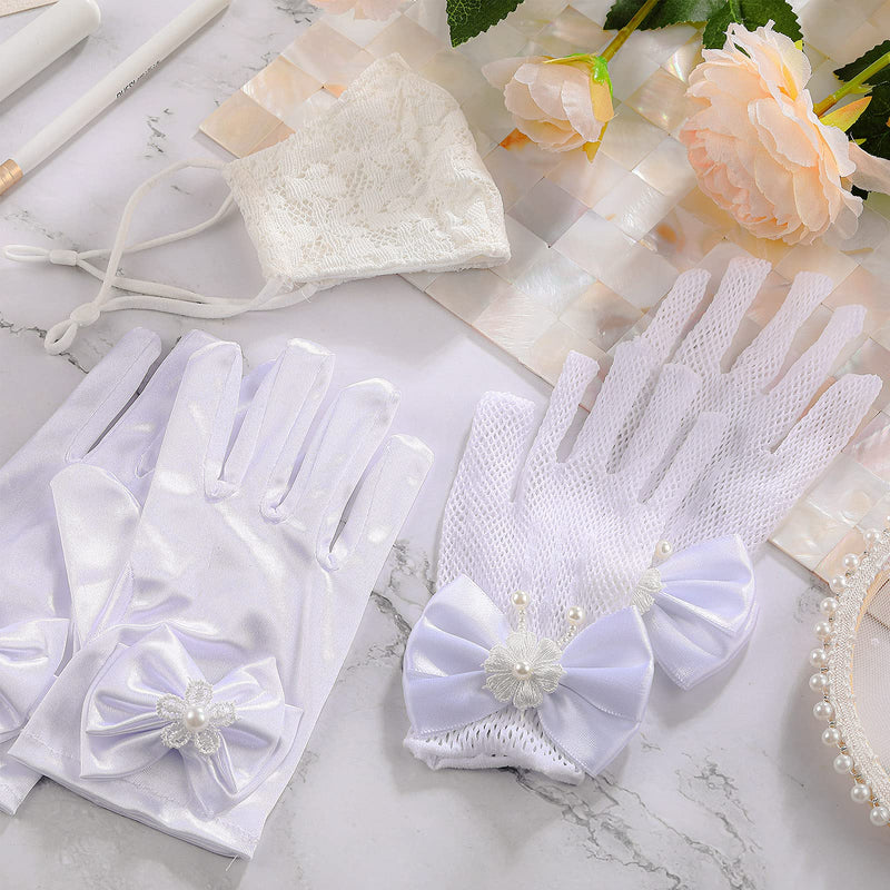 [Australia] - 4 Pieces Flower Girls Gloves Communion Face Coverings, Lace Short Princess Bowknot Gloves, White Satin Gloves with Faux Pearl Gown Gloves, Opera Gloves Communion Face Covering for Kids Party Wedding 
