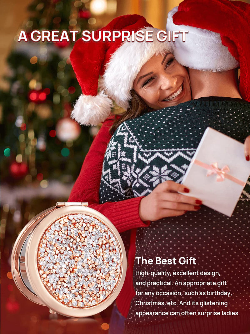 [Australia] - OMIRO Compact Mirror, Mini Mix Diamond 1X/2X Magnifying Round Metal Pocket Makeup Mirror (Rose Gold) Rose Gold, Mix Diamond 