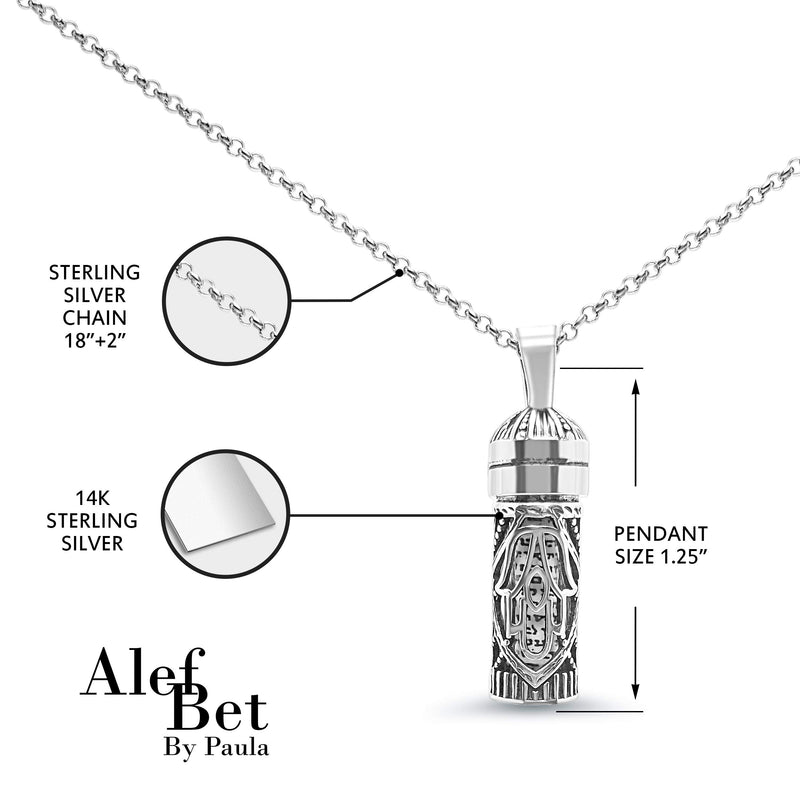 [Australia] - Mezuzah 925 Sterling Silver Hamsa Hand Blessing Necklace With Glass Scroll Inside of Pendant on Long Rolo Chain Designed for Men, Women, Boys, Girls Judaic Jewelry 