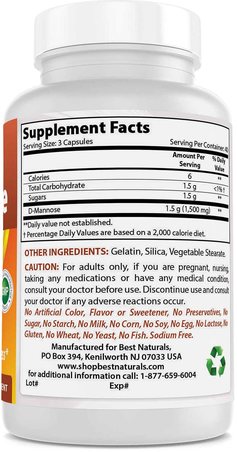 [Australia] - Best Naturals D-Mannose Capsules - Urinary Tract Cleanse Supplement 1500mg/Serving - 120 Count (120 Count (Pack of 1)) 120 Count (Pack of 1) 