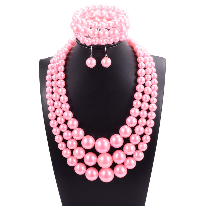 [Australia] - MJULY Womens Faux Pearl Costume Jewelry 3 Layers Pearl Chunky Necklace Bracelet and Earrings Pink 