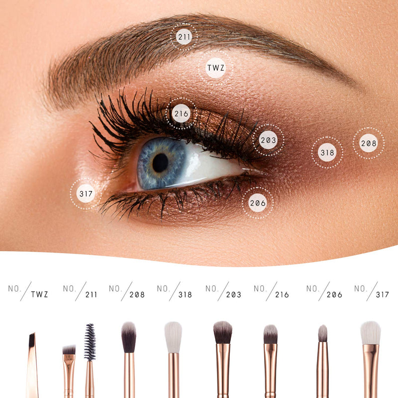 [Australia] - Nir√© Beauty Essential Eye Make Up Brushes Set: Professional Eye shadow Brush Kit with Tweezers, Professional Eyebrow Brush, Precision Eyeshadow Brushes, and Blending Brushes Rose Golden 