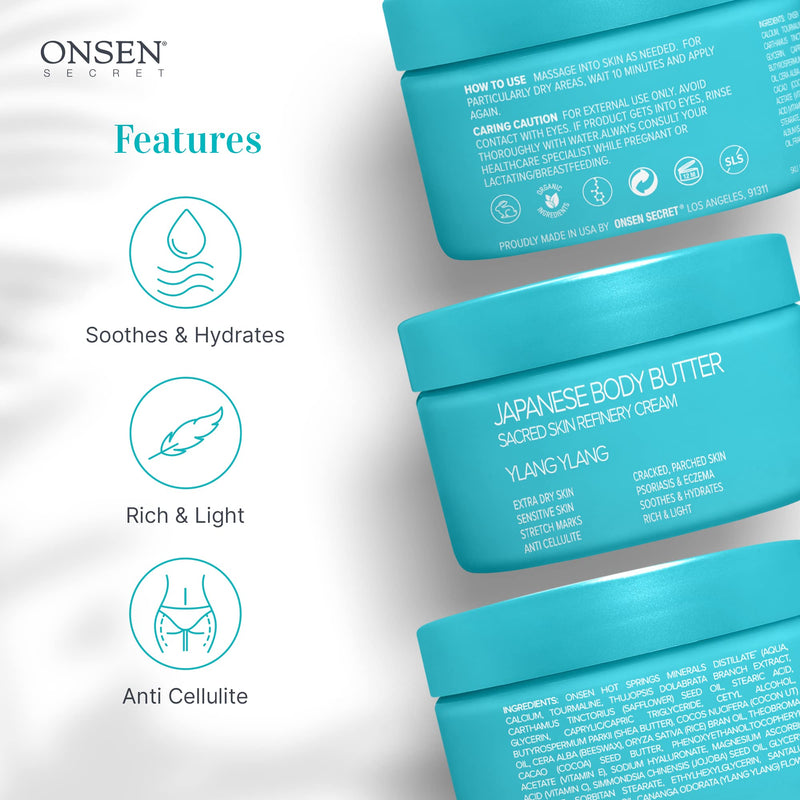[Australia] - Onsen Japanese Body Butter for Women - Skin Refinery Cream Natural and Organic Shea Butter Moisturizing Clear Skin Exfoliator with Coconut Oil and Vitamin E - 8.6 fl oz / 255 ml (Ylang Ylang) Ylang Ylang 