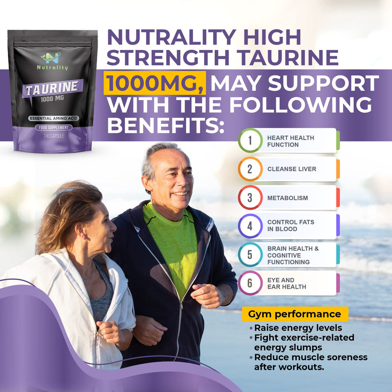 [Australia] - Nutrality Taurine Supplement 1000mg 240 Capsules-High Strength Energy and Endurance-Amino Acid Supplement for Overall Health- Sports Performance - Sleep Improvement-Suitable for Vegan, Vegetarians 