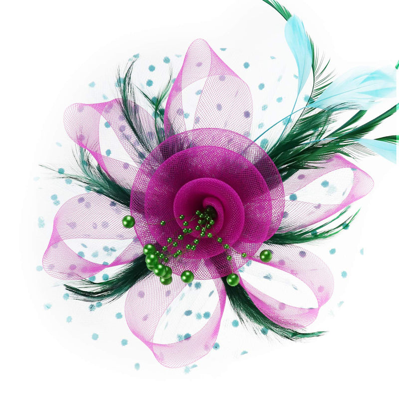 [Australia] - DRESHOW Fascinators Hat Flower Mesh Ribbons Feathers on a Headband and a Clip Tea Party Headwear for Girls and Women Za 7" Diameter/ Green Deeppink Blue 