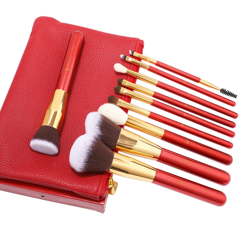 [Australia] - DUcare Makeup Brushes Red 10 Piece Makeup Brush Set with Case Premium Synthetic Hairs Kabuki Foundation Blending Eye Cosmetic Brushes Kit 10PCS 