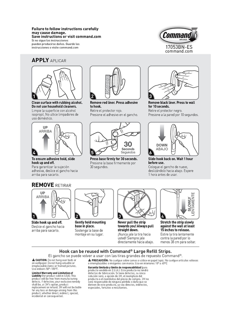 [Australia] - Command Large Traditional Plastic Hook, Brushed Nickel, 1-Hook, 2-Strips, Organize Damage-Free 1 Hook 