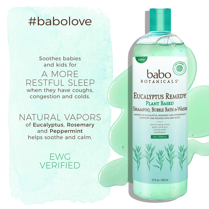[Australia] - Babo Botanicals Eucalyptus Remedy Plant-Based 3-in-1 Shampoo, Bubble Bath & Wash - with Vapors of Eucalyptus, Rosemary & Peppermint - For Babies, Kids or Sensitive Skin - EWG Verified - 15 fl. oz. 