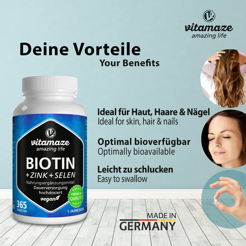 [Australia] - Biotin Hair Growth 10.000 mcg Complex - with Selenium and Zinc - 1 Year Supply for Hair, Skin and Nails - 365 Vegan Tablets - German Quality - Vitamaze� 
