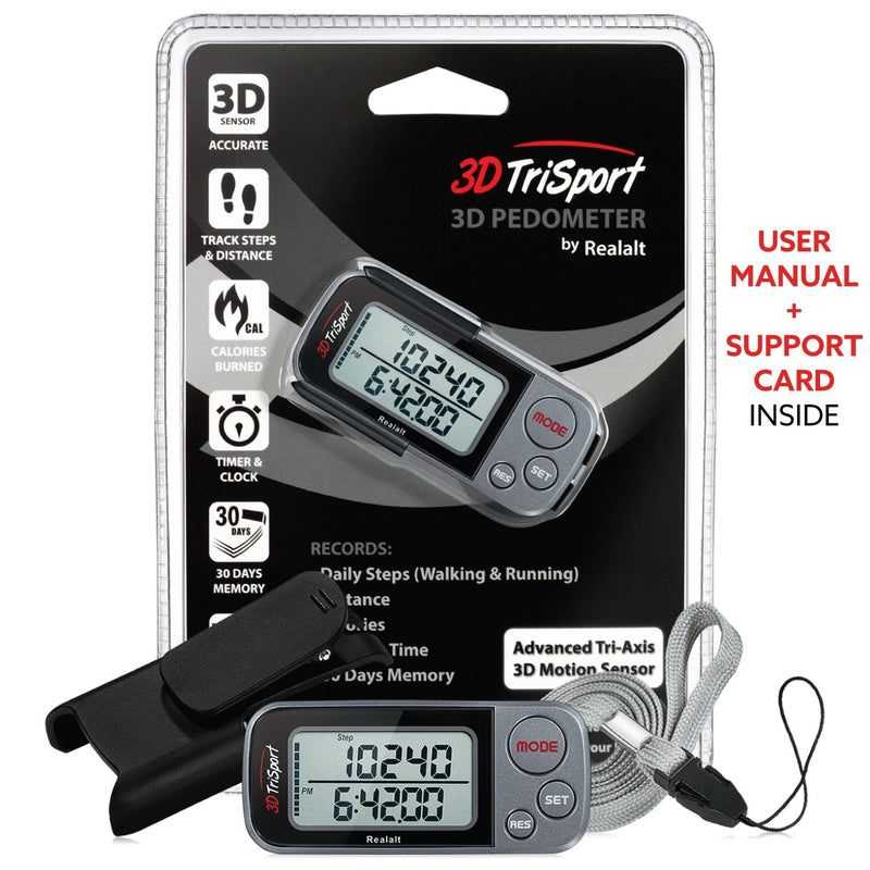 [Australia] - 3DTriSport Walking 3D Pedometer with Clip and Strap, Free eBook | 30 Days Memory, Accurate Step Counter, Walking Distance Miles/Km, Calorie Counter, Daily Target Monitor, Exercise Time. Grey/Black 
