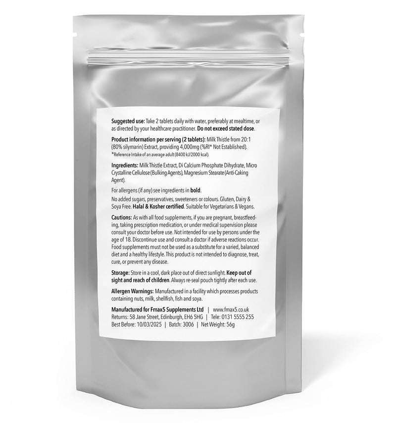 [Australia] - Milk Thistle (80% Silymarin) Tablets - High Strength 4000mg Supplement, 120 Tablets (2 per Serving) - Not Capsules or Tincture - Vegan, GMO-Free, Gluten-Free, UK Made 