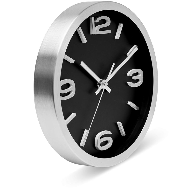 [Australia] - Bernhard Products Modern Wall Clock 10 Inch Black & Silver Silent Non Ticking Battery Operated Metal Round Elegant Quality Quartz, Kitchen Home Office Clock with 3D Numbers, Easy to Read Silver & Jet Black 