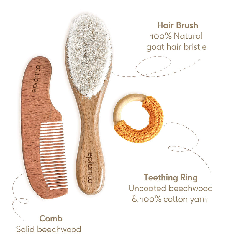 [Australia] - eplanita Baby Hair Brush and Comb Set for Newborns & Toddlers, Wooden with Natural Goat Bristles, for Cradle Cap and Massage, Extra Teething Ring, Ideal for Baby Registry or Baby Shower 