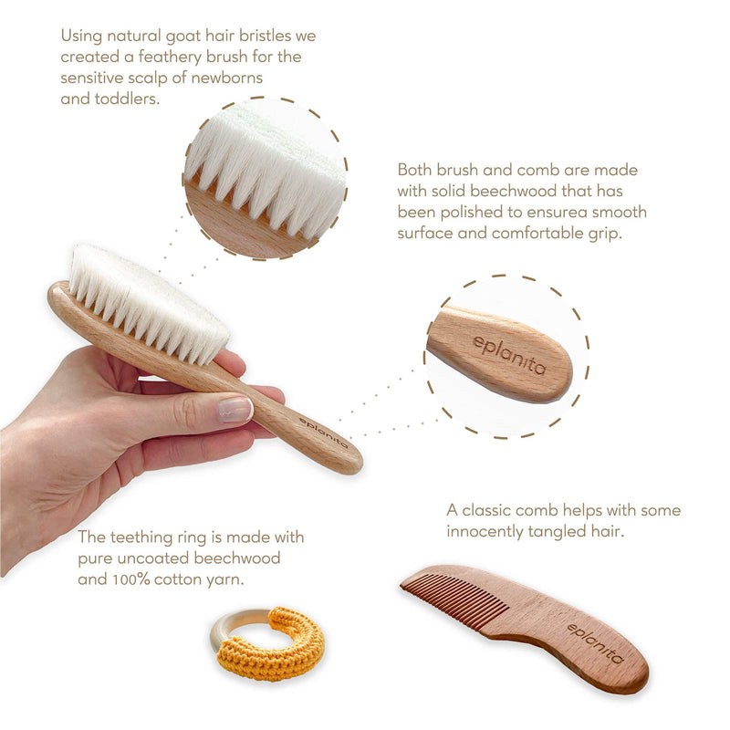 [Australia] - eplanita Baby Hair Brush and Comb Set for Newborns & Toddlers, Wooden with Natural Goat Bristles, for Cradle Cap and Massage, Extra Teething Ring, Ideal for Baby Registry or Baby Shower 