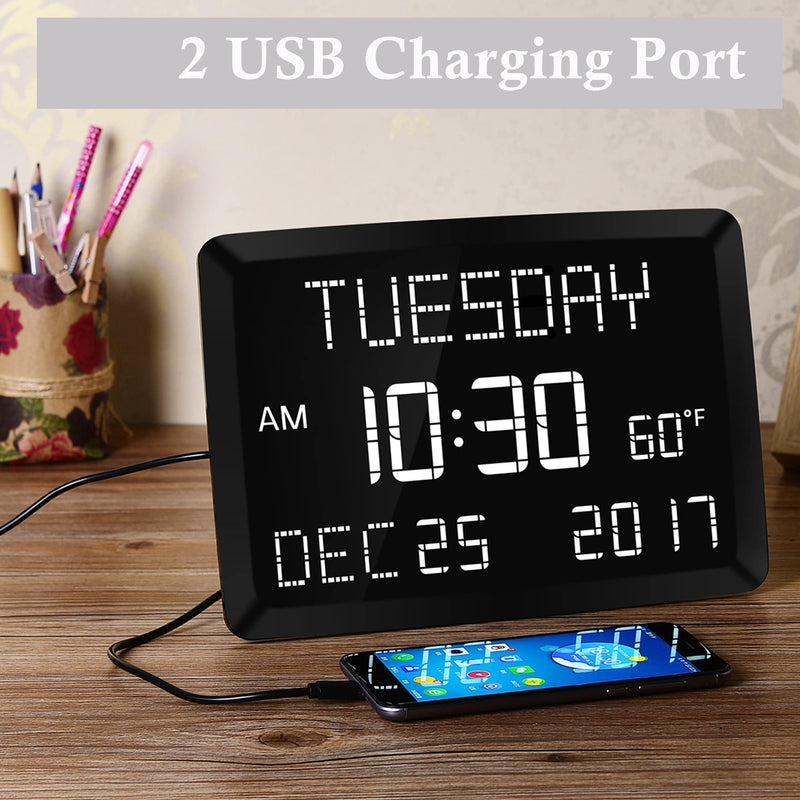 [Australia] - 11.5” Digital Wall Clock with Date,Time,Week,Indoor Temperature,3 Alarms,5 Dimmer,2 USB Chargers,Battery Backup,Snooze,12/24H for Elderly,Parents,Impaired Vision,Dementia,Memory Loss,Office,Bedroom 