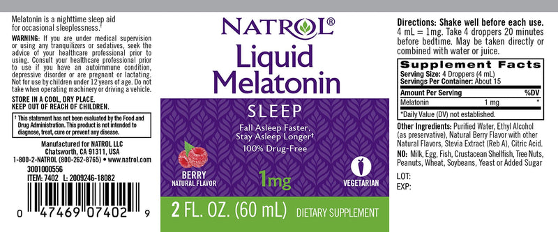[Australia] - Natrol Liquid Melatonin Tincture, Helps You Fall Asleep Faster, Stay Asleep Longer, Faster Absorption, 100% Vegetarian, Berry Flavor, 1mg, 2 Fl. Ounce Tincture Bottle 