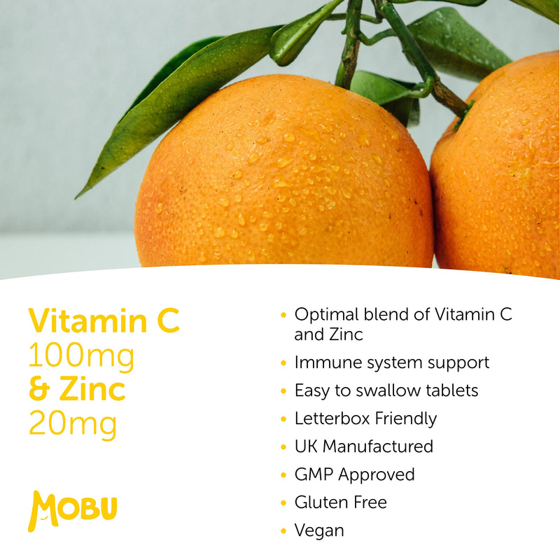 [Australia] - Vitamin C 100mg and Zinc 20mg 120 Tablets | High Strength Immune System Support | Vitamin C & Zinc Supplement | Vegan | GMP Approved | Letterbox Friendly | MOBU UK 