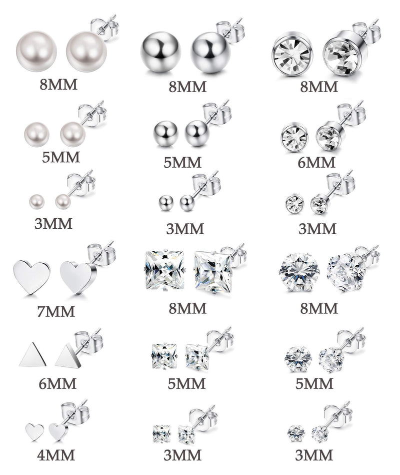 [Australia] - Milacolato 18 Pairs Stainless Steel Earrings Stud Earrings Set for Womens Girls Round Clear CZ Stud Style A 
