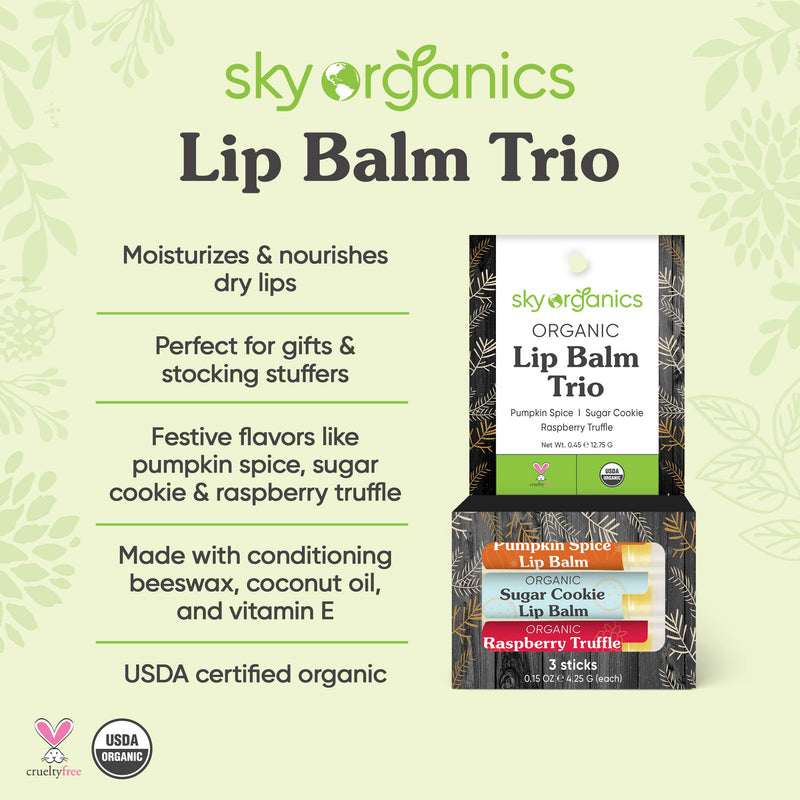 [Australia] - USDA Organic Lip Balm Trio by Sky Organics (3 Sticks) Winter Flavors Moisturizing Lip Balm Gift Set Pumpkin Spice, Sugar Cookie, Raspberry Truffle Limited Edition Cruelty-free Made In USA 