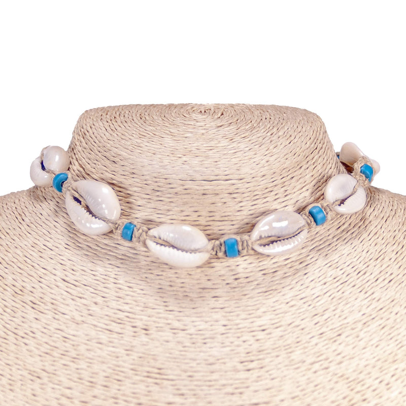 [Australia] - BlueRica Hemp Cord Choker Necklace with Cowrie Shells and Blue Fimo Beads 