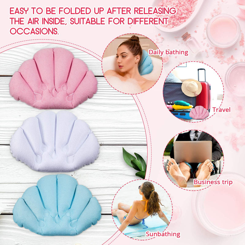 [Australia] - 3 Pieces Inflatable Bath Pillow with Suction Cups, Terry Cloth Covered Bath Pillow Shell Shape Bathtub Spa Pillow Comfortable Soft Bath Cushion, Neck Support for Bathtub, Hot Tub (Pink, Green, White) Pink, Green, White 