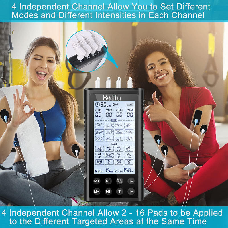 [Australia] - Belifu 4 Independent Channel TENS EMS Unit, 24 Modes,30 Level Intensity Muscle Stimulator Machine, Rechargeable Electric Pulse Massager with 10 Pads&5 Set Leads Wires, for Pain Relief Therapy(Black) Black 