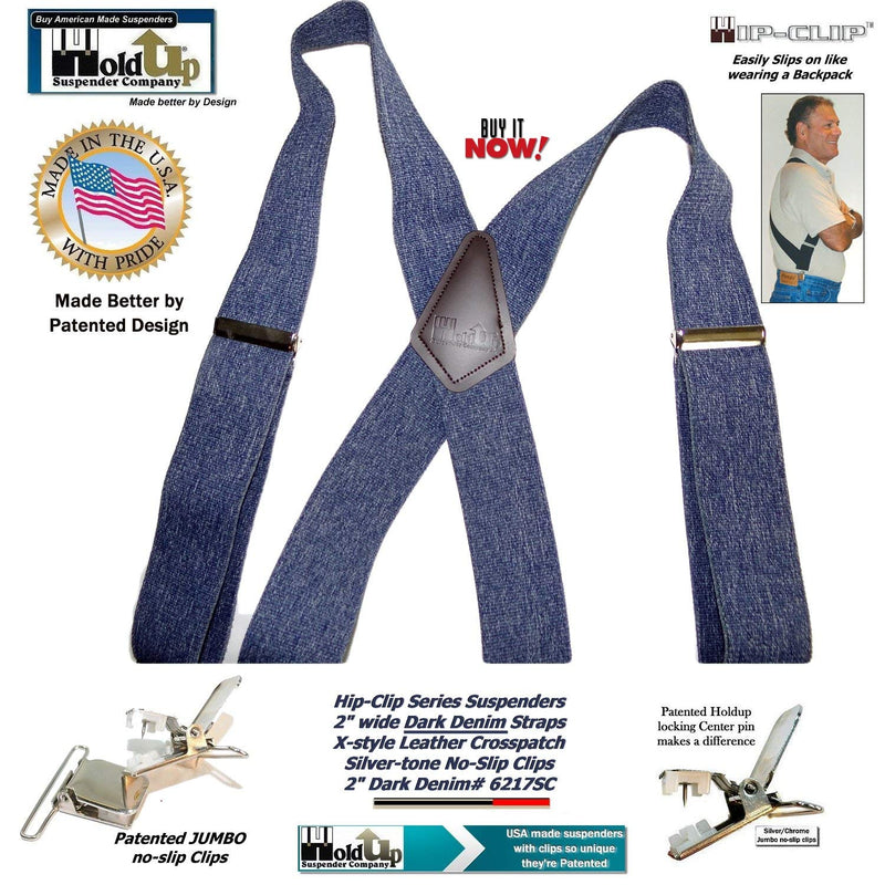 [Australia] - Hold-Up Dark Denim Trucker Style 2" Wide Hip-Clip Suspenders with No-slip Clips 