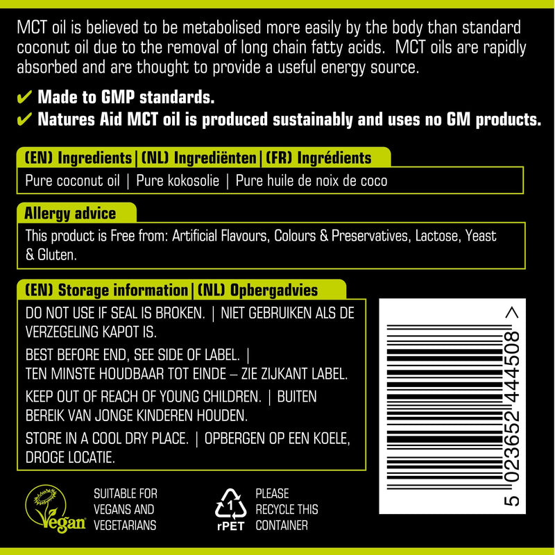 [Australia] - Natures Aid 100 Percent MCT Oil, Premium Coconut Oil, Sustainably Sourced, Add to Coffees or Shakes, Vegan, 500 ml 