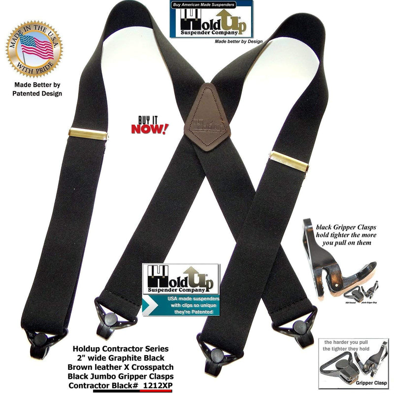 [Australia] - Holdup X-back Heavy Duty 2" Wide Graphite Black Suspenders with Patented jumbo Gripper Clasps 