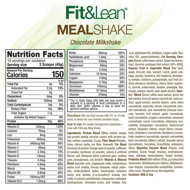 [Australia] - Fit & Lean Meal Shake Fat Burning Meal Replacement with Protein, Fiber, Probiotics and Organic Fruits & Vegetables and Green Tea for Weight Loss, 1lb, Chocolate, 10 Servings Per Container 1 Pound (Pack of 1) 