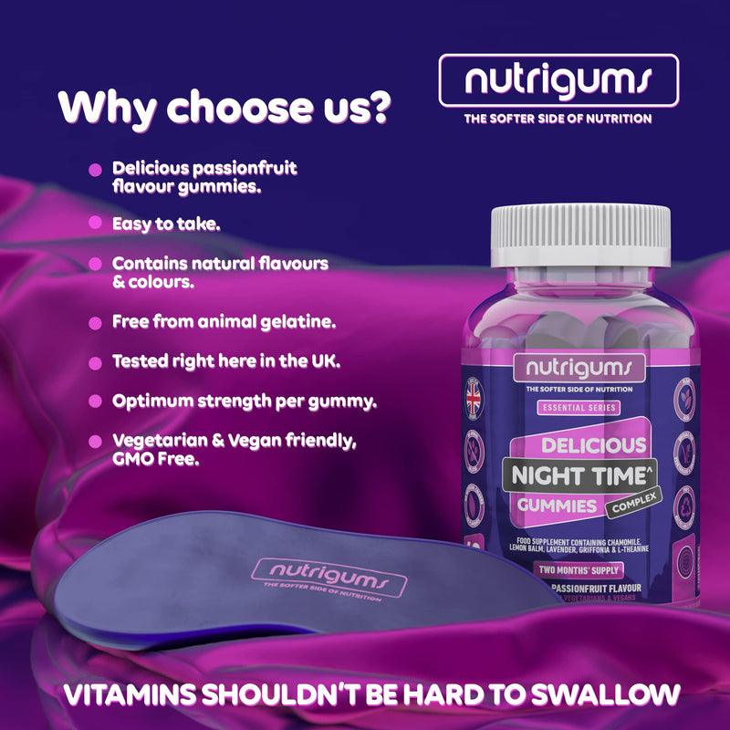 [Australia] - NUTRIGUMS® Night Time Complex. 60 Vegan Gummies. Support Sleep with Griffonia Seed (5HTP), L-Theanine, Passionflower, Chamomile, Lemon Balm & Lavender. Suitable for Adults & 12+ 