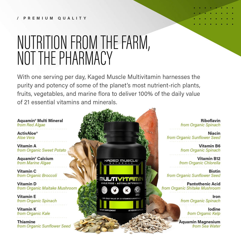 [Australia] - Whole Foods Multivitamin, Kaged Muscle Multivitamin Made with Organic Fruits & Veggies, Plant Based Vegan Multivitamin for Women and Men with Vitamin C, Vitamin D, Vitamin E, Vitamin B12, 60 Count 