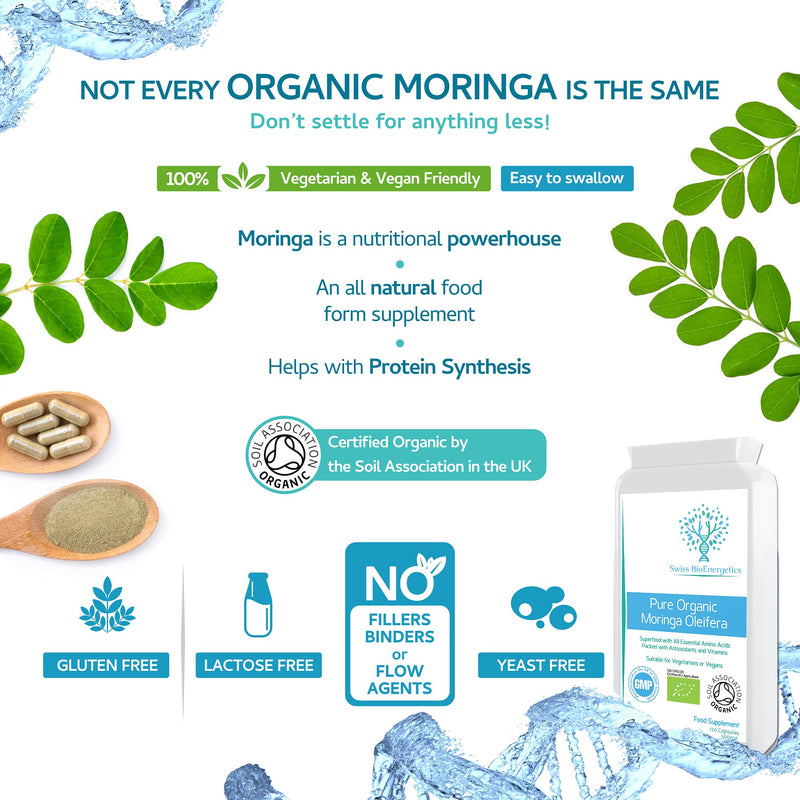 [Australia] - Pure Organic Moringa Oleifera 500mg 120 Capsules - no fillers or Flowing Agents - 100% Natural Soil Association Certified High Strength Superfood with All Essential Amino Acids 