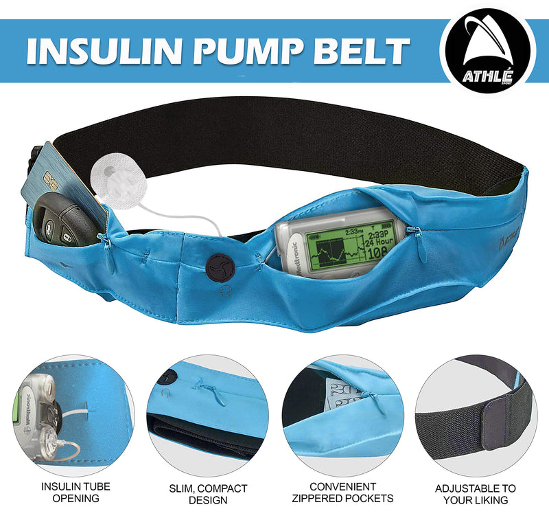 [Australia] - Athlé Insulin Pump Belt - 2 Stretch Pockets Fits Insulin Pump, Epipen, Phone, Wallet, Cards and More - Comfortable and Adjustable Waist Strap - Size Small 22" - 26" - Insulin Pump Holder - Blue Small 22" - 26" 